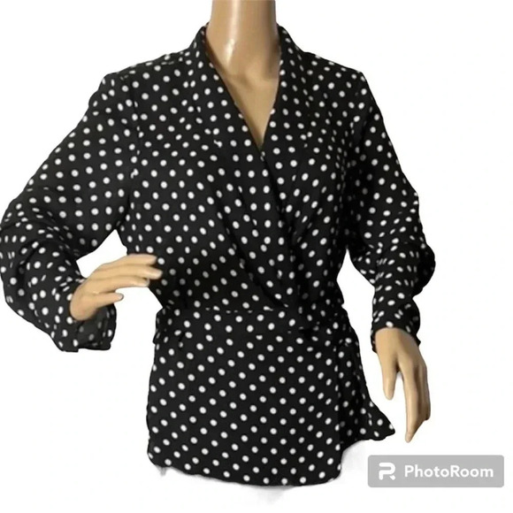ADRIANNA PAPELL wrap sheer chiffon polka dot B&W blazer,cover jacket,blouse.EC - Picture 1 of 16